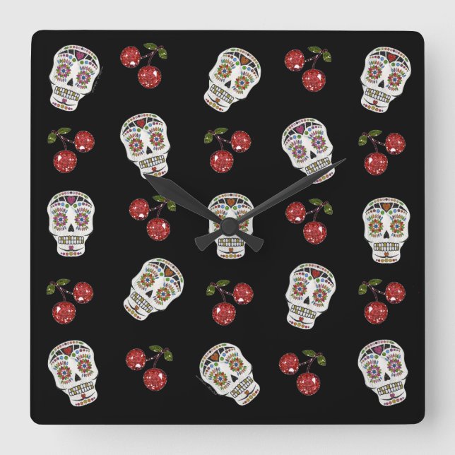 Horloge Carrée RAB Rockabilly Sugar Skulls Cherries On Black (Recto)
