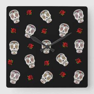 Horloge Carrée RAB Rockabilly Sugar Skulls Roses On Black