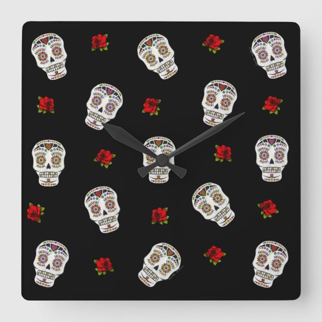 Horloge Carrée RAB Rockabilly Sugar Skulls Roses On Black (Recto)