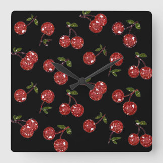Horloge Carrée RAB Rockabilly très cerise cerises sur noir