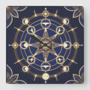 Horloge Carrée Radiance Divine – Mandala d'Or de l'Éveil
