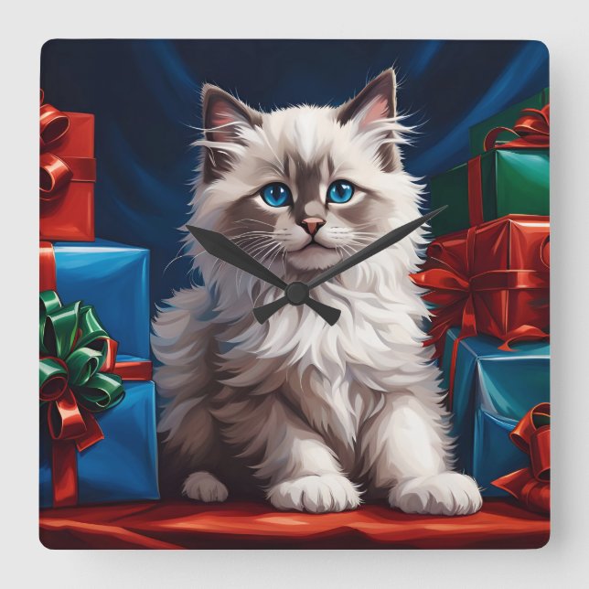 Horloge Carrée Ragdoll Kitten cadeau de Noël (Recto)