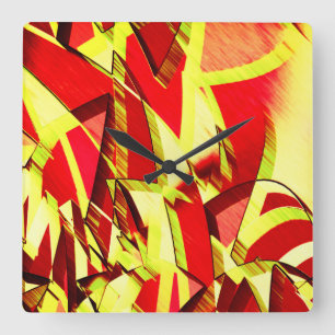 Horloge Carrée Raies jaunes sur l'image rouge, floutée