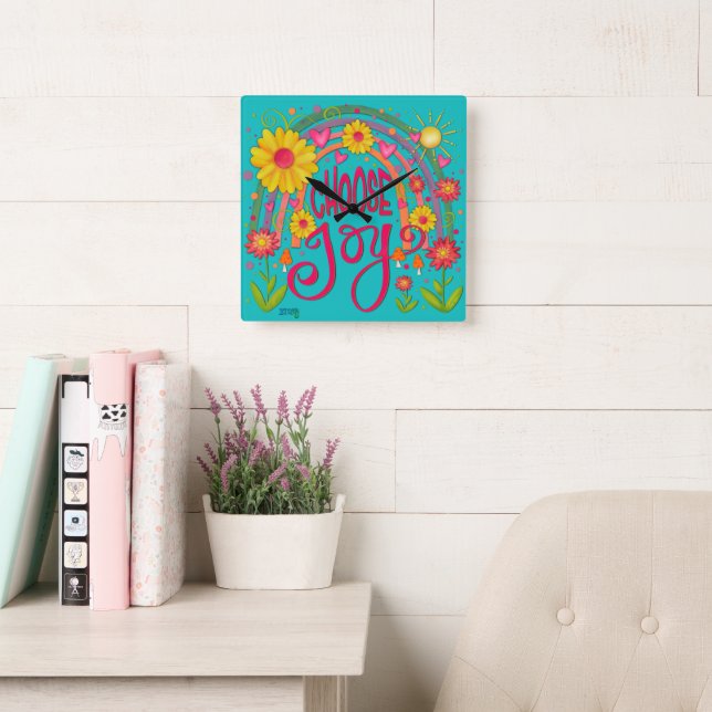 Horloge Carrée Rainbow Choose Joy Cute Branché Turquoise Inspiriv (Salle de lecture)