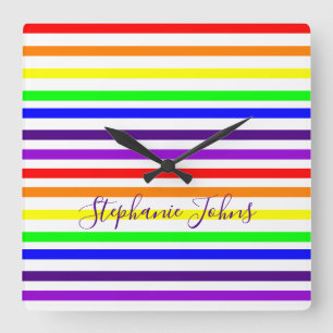 Horloge Carrée Rainbow Color Stripes Lines Monogram Nom Colorful