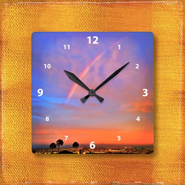 Horloge Carrée Rainbow orange coucher de soleil ciel paysage phot (Créateur téléchargé)