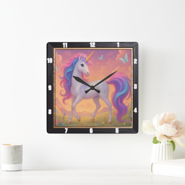 Horloge Carrée Rainbow Unicorn Butterfly Garden (Maison)