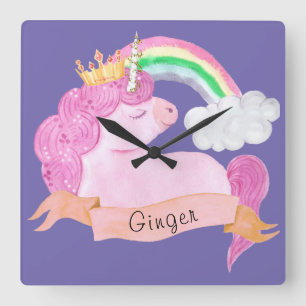 Horloge Carrée 🌈 Rainbow Unicorn Nom personnalisé