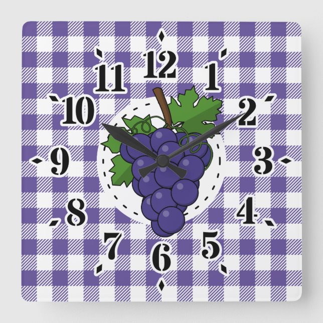 Horloge Carrée Raisins sur Plaid violet blanc (Recto)