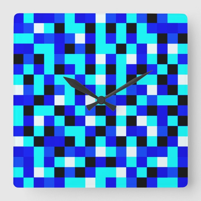 Horloge Carrée Random Checkered Pixel Art - Blue & White (Recto)