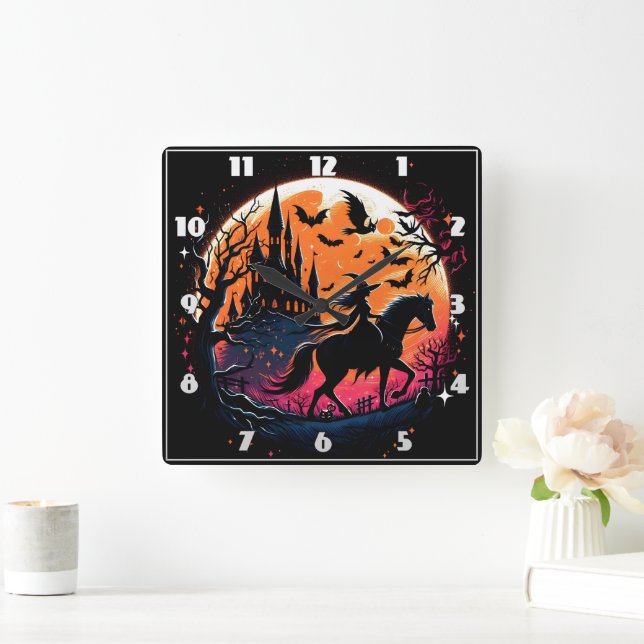 Horloge Carrée Randonnée hippique d'Halloween sous le clair de lu (Maison)