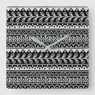 Horloge Carrée Rangées de motifs gribouillés noir et blanc