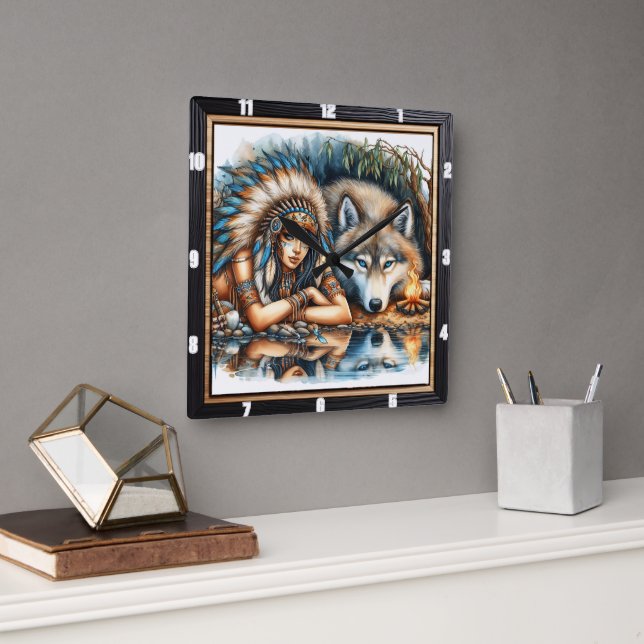 Horloge Carrée Rassemblement autochtone : Sagesse de pierre sacré (Bureau)