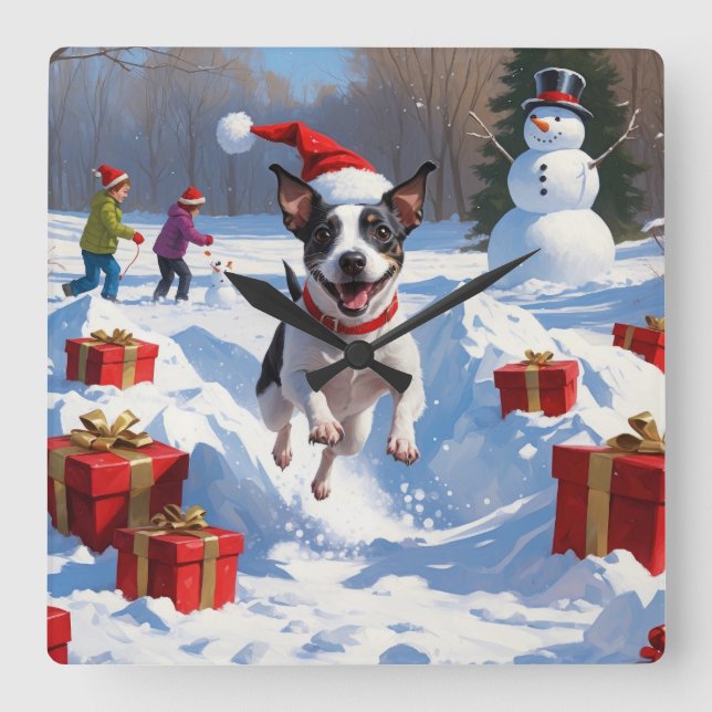 Horloge Carrée Rat Terrier Courir en neige avec Casquette de Noël (Recto)