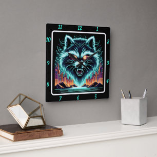 Horloge Carrée Raton laveur cybernétique Skyline Néon