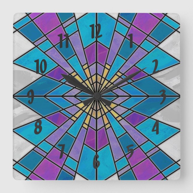 Horloge Carrée Rayon en verre de teint bleu et violet (Recto)