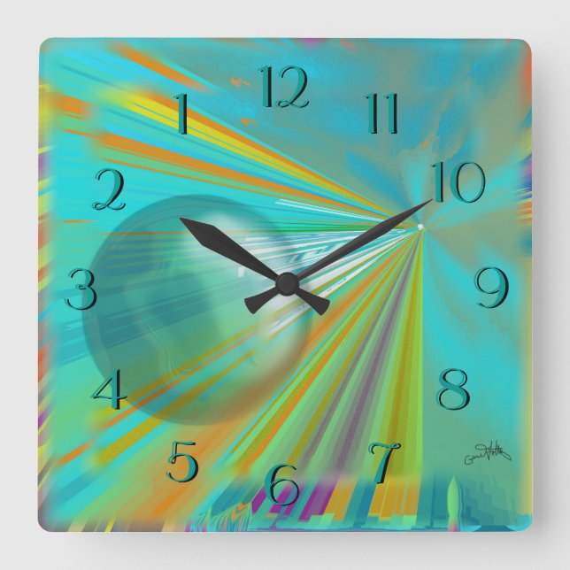 Horloge Carrée Rays on Planet Abstract Design in Turquoise (Recto)