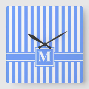 Horloge Carrée Rayure Moderne Bleue avec Monogramme