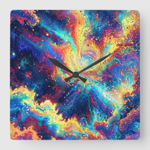 Horloge Carrée Réaction Cosmique - Abstrait Vibrant et Coloré