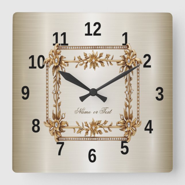 Horloge Carrée Rectangle Orné de Fleurs de Diamant Dorées Brillan (Recto)