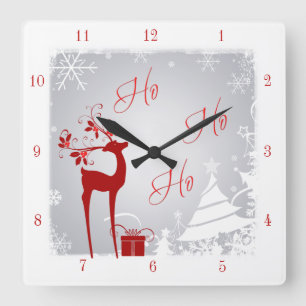 Horloge Carrée Red and Gray Ho Ho Ho Christmas Clock with Deer