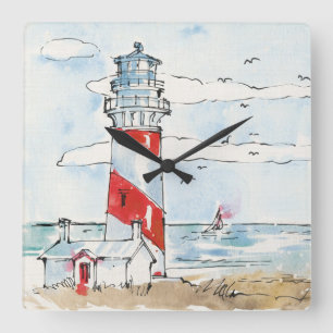 Horloge Carrée Red and White Lighthouse Scene