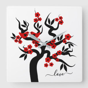Horloge Carrée Red Black Love birds sakura cherry tree & blossoms