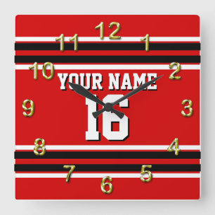 Horloge Carrée Red Black White Team Jersey Numéro personnalisé No
