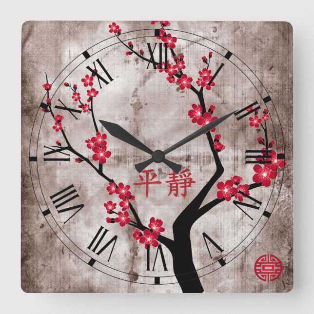 Horloge Carrée Red blossom tree "Serenity" (Recto)