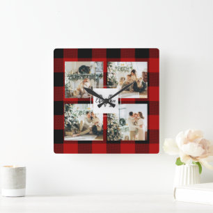 Horloge Carrée Red Buffalo Plaid & Collage Photo Avec Initiale