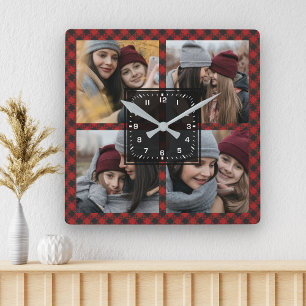 Horloge Carrée Red Buffalo Plaid Lumberjack Family Photo Collage