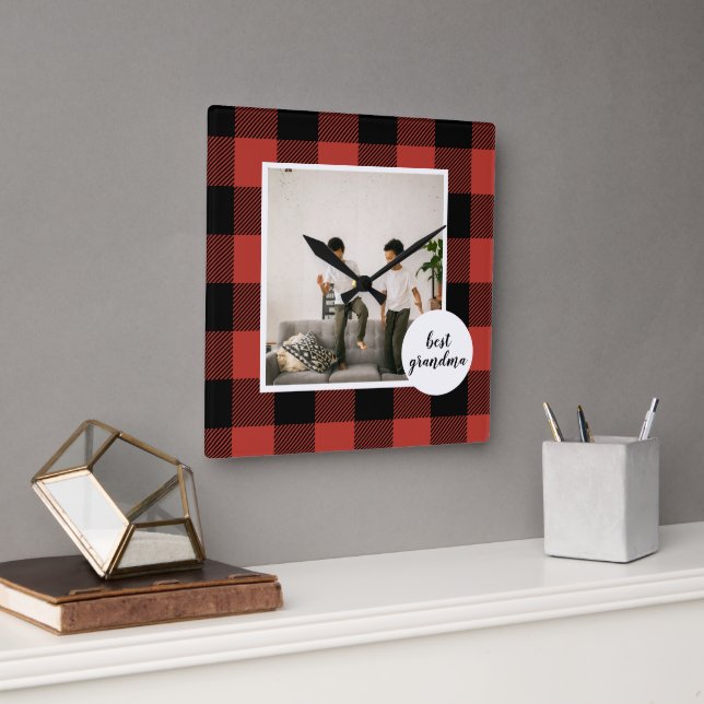 Horloge Carrée Red Buffalo Plaid Meilleur Cadeau Grand-Mère Avec  (Bureau)