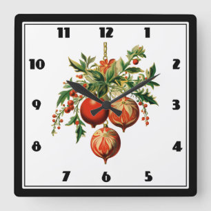 Horloge Carrée Red Christmas Baubles avec Holly Festive