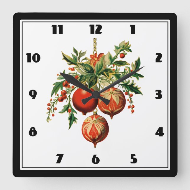 Horloge Carrée Red Christmas Baubles avec Holly Festive (Recto)