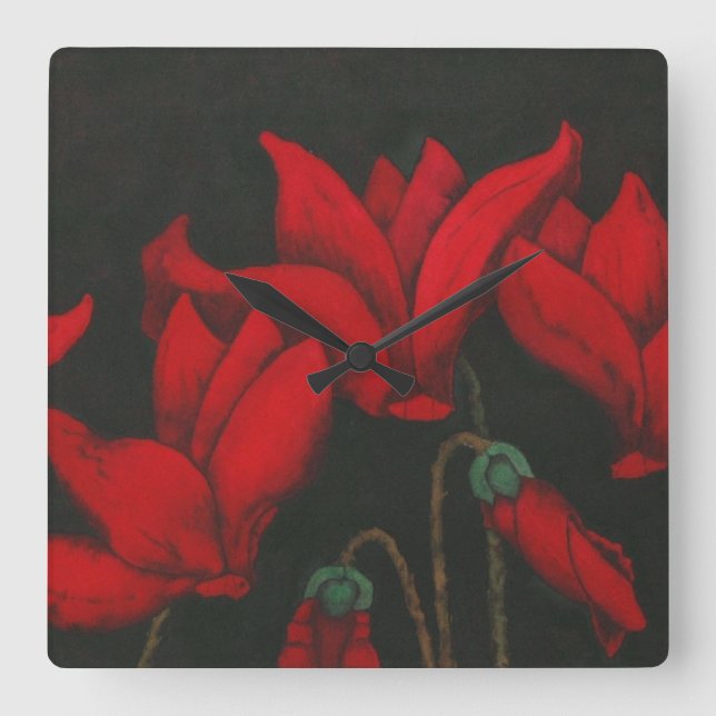 Horloge Carrée Red Cyclamen blossom on dark background (Recto)