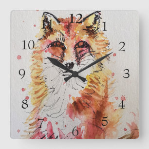 Horloge Carrée Red Fox Cute Art Whimsical Woodland Animal