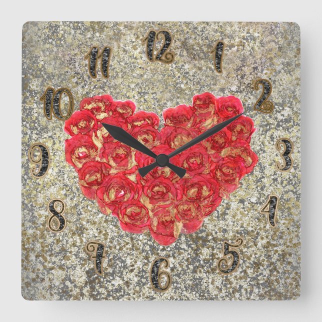 Horloge Carrée Red & Gold Heart Glam Rustic Love Rustic Valentine (Recto)