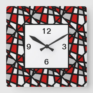 Horloge Carrée Red Gray Black Geometric Pattern