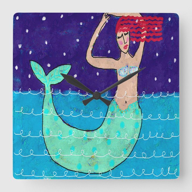 Horloge Carrée Red Haired Mermaid Art Abstrait (Recto)