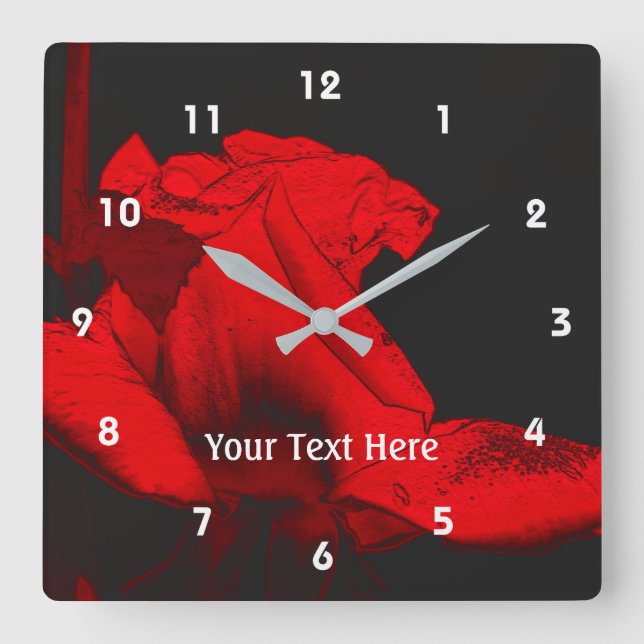 Horloge Carrée Red Hot Rosebud Flower Art (Recto)