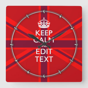 Horloge Carrée Red Keep Calm Avoir votre texte sur Union Jack Dra