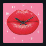 Horloge Carrée Red Lipstick big pop art lips on girly pink<br><div class="desc">A design based on pop art of large red lips with lipstick supersized against a girly candy pink coloured background. The background colour can be customised and change d to any bright colour that would suit yout décor.</div>