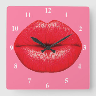 Horloge Carrée Red Lipstick big pop art lips on girly pink