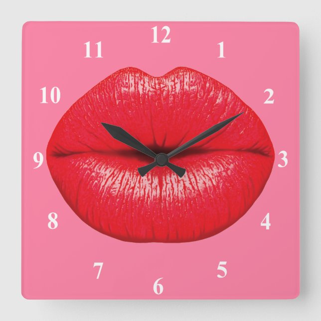 Horloge Carrée Red Lipstick big pop art lips on girly pink (Recto)