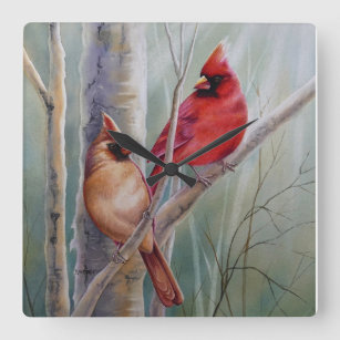Horloge Carrée Red Northern Cardinal Bird Pair Aquarelle Art
