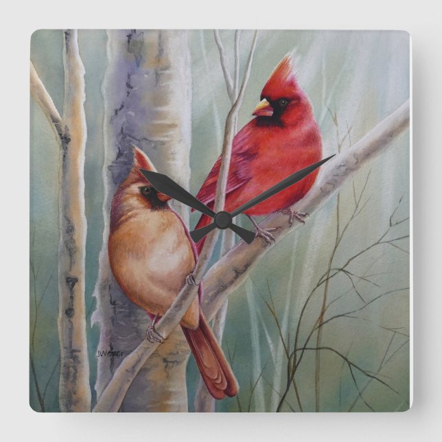 Horloge Carrée Red Northern Cardinal Bird Pair Aquarelle Art (Recto)