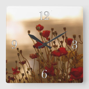 Horloge Carrée Red Poppies & Sunlight Flowers Flora Photo Clock