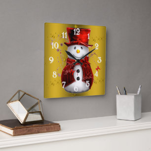 Horloge Carrée Red Snowmen en or