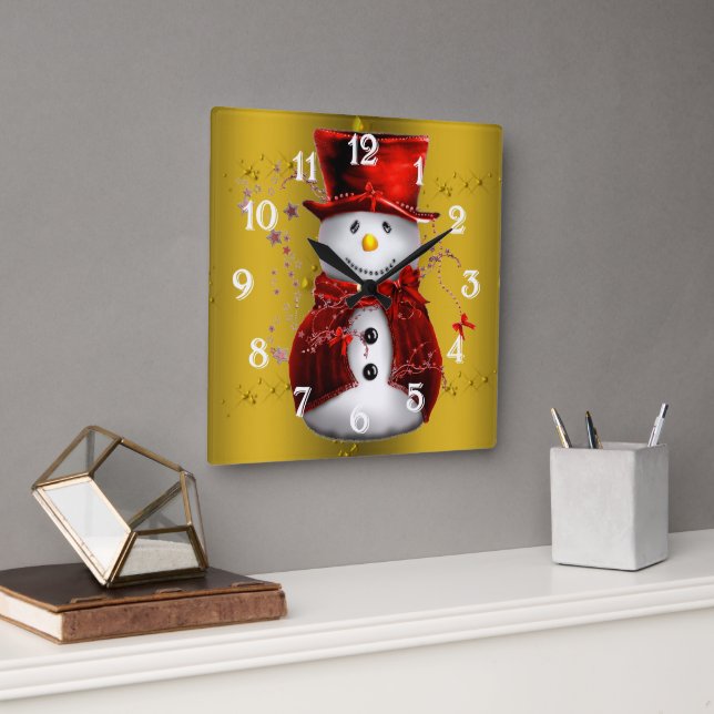 Horloge Carrée Red Snowmen en or (Bureau)