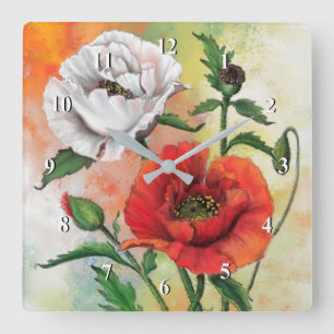 Horloge Carrée Red White Poppy